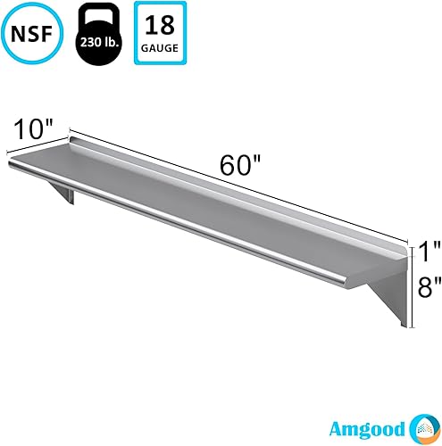 AmGood 10' X 60' Stainless Steel Wall Shelf | NSF | Metal Shelving | Garage, Laundry, Storage, Utility Room | Restaurant, Commercial Kitchen - Poueer