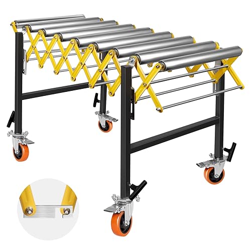 700 LBS Adjustable Conveyor Roller with Wheels, Length 23.6''-52'', Height 30''-50'' Expandable Conveyor Roller, 23'' wide Stainless Steel Roller Conveyor Belt for Warehouse Factory Woodworking Planer - Poueer