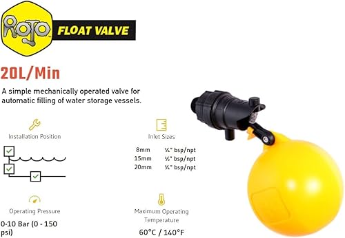 Jobe Valves J-RJV0075HF Rojo High-Flow Low-Pressure Float Valve, 4.9'-Wide Float, 3' Extension Arm, 20L/Min, 75PSI, 3/4' NPT Inlet, Yellow/Black - Poueer