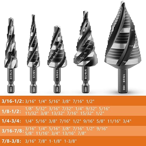 MABLEVI 5 Pcs Four Spiral Flute Step Drill Bit Set, 1/8'-1-3/8' HSS Unibit Step Drill Bit, 1/4' and 3/8' Shank Step Bit for Metal, Stainless Steel, Aluminum, Wood, Plastic - Poueer