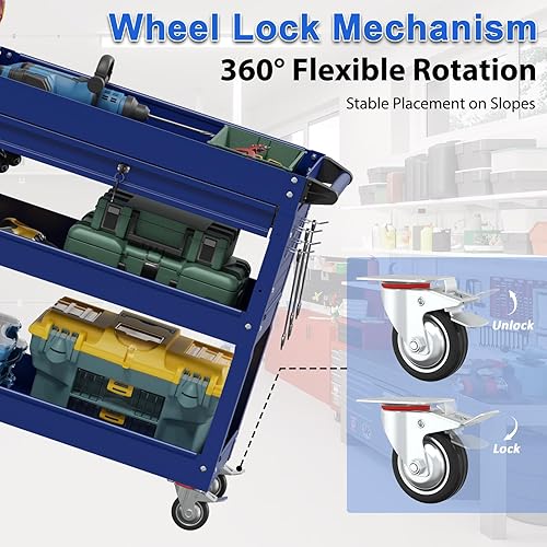 3 Tier Foldable Service Cart with Wheels, Rolling Collapsible Folding Utility Cart for Home, Office, Garage, and Warehouse (Red) - Poueer