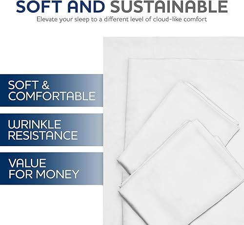 Linteum Textile Supply White Flat Sheet Twin 66x104 Inches 12-Pack Poly Cotton Blend 180 Thread Count Durable, Breathable Easy Care Top Sheets for Hotels, Hospitals, Spas, Healthcare Facilities - Poueer