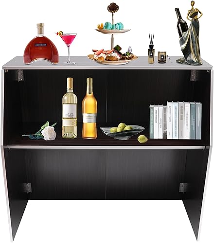 Folding Portable Event Bar, Black Aluminum Edge Foldable Bartender Table Cabinet Station with Top & Middle Shelves Mobile Laminate Foldable Bar for Parties and Events (Black+Aluminum Edge) - Poueer