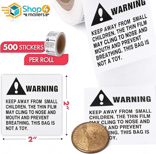 Shop4Mailers Warning Suffocation Labels, Keep Away from Small Children, for Shipping and Packing, 2' x 2' Rolls of 500 (12 Rolls/6000 Labels) - Poueer