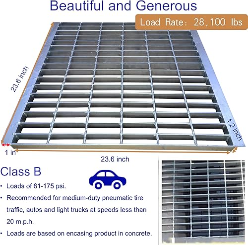Galvanized Steel Drain Grate with Base, 16x16 Outdoor Drain Cover and Frame, B Class Sewer Grate with Lip, Durable Heavy Duty Channel Grate, Sliver Square Drainage Grate Driveway - Poueer