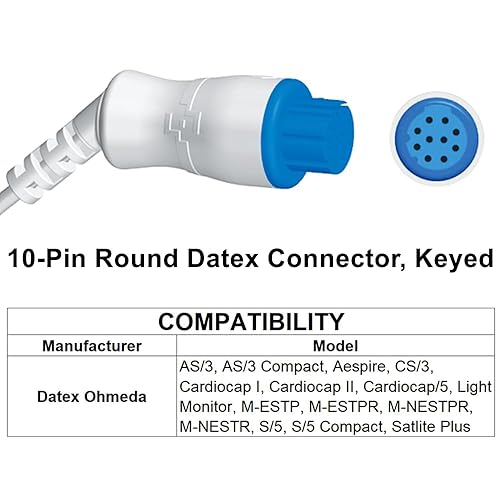 11FT 3 Leads Pinch AHA Cable Compatible with Datex Ohmeda Monitors. 4.7K RES. TPU Cord with 10-Pin Connector - Poueer