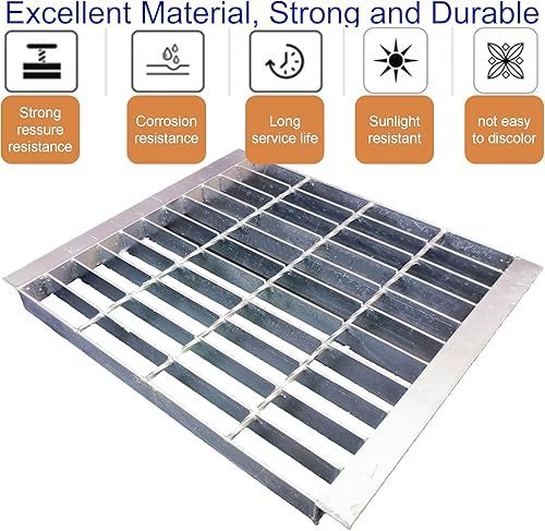 Galvanized Steel Drain Grate with Base, 16x16 Outdoor Drain Cover and Frame, B Class Sewer Grate with Lip, Durable Heavy Duty Channel Grate, Sliver Square Drainage Grate Driveway - Poueer