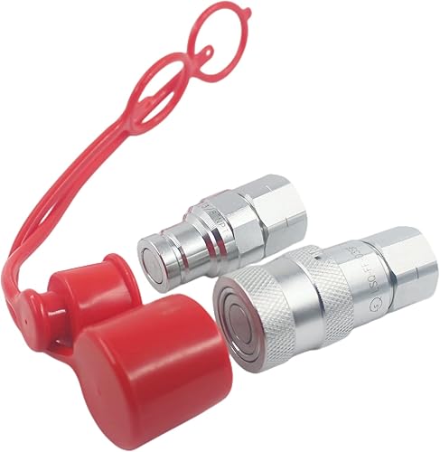 1/2'' NPT Flat Face Hydraulic Quick Connect Coupling Set Skid Steer Loader Quick Disconnect Coupler with Dust Caps ISO12.5 - Poueer