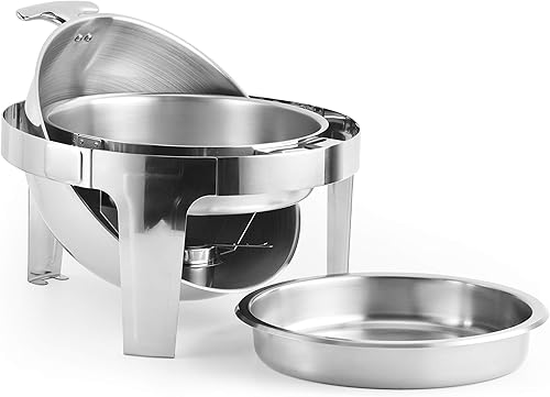 2 Pack 6 QT Round Roll Top Chafing Dish Chafer, Stainless Steel, Each Set Includes Food Pan, Water Pan, Fuel Holder, and Apron- Durable, shiny silver, keeps food warm in catered events - Poueer