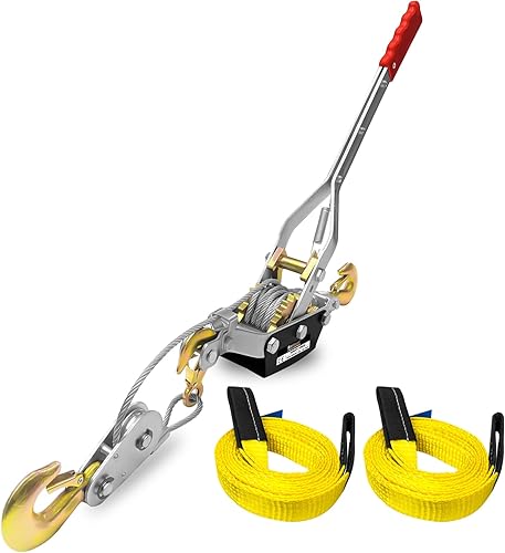 Come Along Winch Ratchet Tool 5 Ton Pulling Capacity 3 Hooks Steel Cable Dual Gear Power Puller with Two 1'x8FT Lifting Straps Hand Winch Cable Automotive Hoist Winch Puller Recovery Gear - Poueer