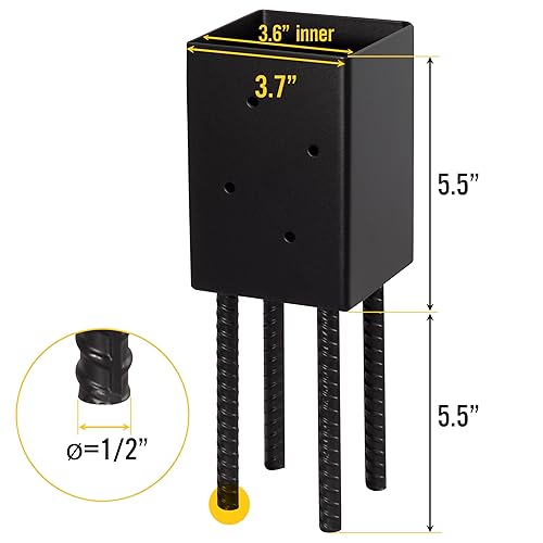 4x4 Post Base Holder Ground Spike Use for Concrete Deck - Post Anchor Brackets Metal Black Powder Coated 4 Inches x 4 Inches (Inner Dia 3.5x3.5) 4 Pack - Poueer