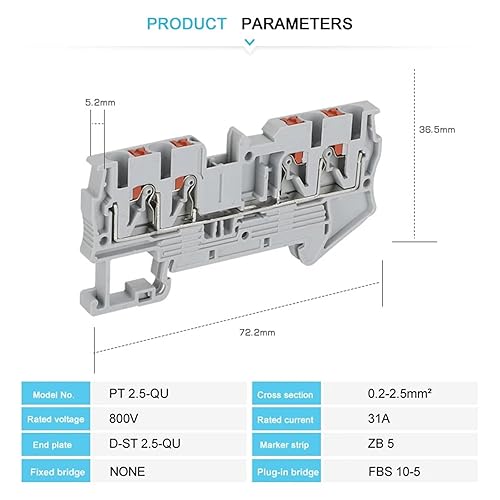 10Pcs PT2.5-QU Push-in Spring 4-Conductor Strip PT 2.5 Quattro Wire Electrical Connector Din Rail Terminal Block PT 2.5-QU(End Cover D-ST2.5-QU) - Poueer