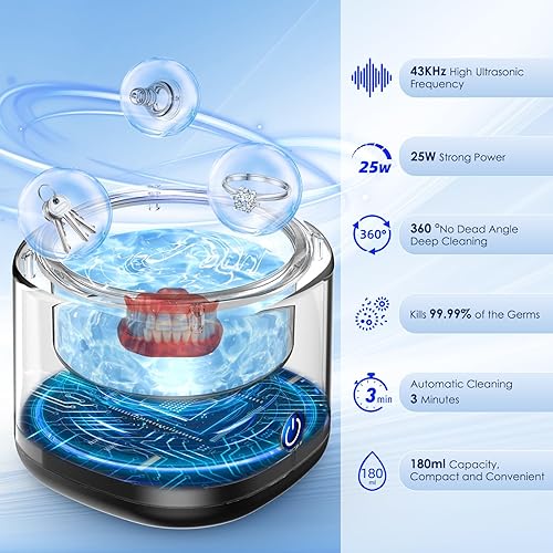 Ultrasonic Dental Cleaner for Retainer, Dentures, Invisalign, Mouth Guard, Whitening Trays, 43kHz 180ML Portable Ultrasonic Aligner Cleaner for Home and Travel Use - Poueer