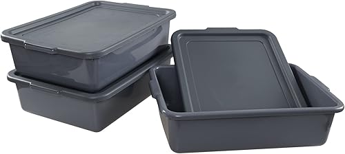 3-Pack 13 L Plastic Commercial Tote Box with Lid, Bus Tubs/Bus Box, Gray - Poueer