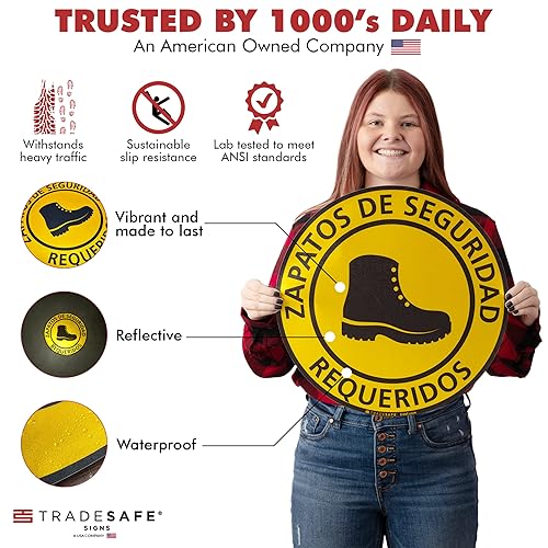 TRADESAFE Safety Glasses Required Anti-Slip Floor Sticker - Eye Protection Required Caution Sign, Peel and Stick Adhesive Vinyl Sign, ANSI-Compliant, 17” Diameter Round Sticker - Poueer