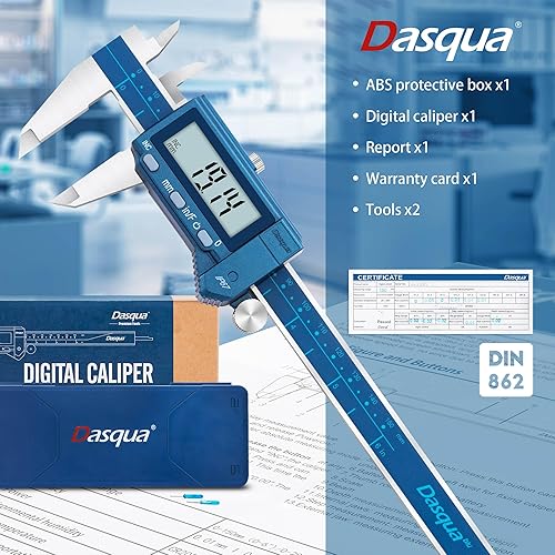Dasqua 6 Inch/150mm Digital Caliper Electronic Industrial, Stainless Steel, with Large LCD Screen and Storage Case Auto Off Featured Measuring Tool, Resolution 0.0005'/0.01mm, Accuracy 0.001”/0.02mm - Poueer