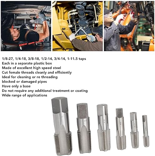 6Pcs Tap and Die Sets, 1 3/4 1/2 3/8 1/4 1/8 High Speed Steel NPT Pipe Tap Pipe Threader Drill Bits - Poueer