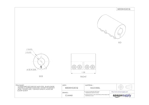 Climax Part ISCC-037-037 Mild Steel, Black Oxide Plating Clamping Coupling, 3/8 inch X 3/8 inch bore, 7/8 inch OD, 1 3/8 inch Length, 6-32 x 3/8 Clamp Screw - Poueer