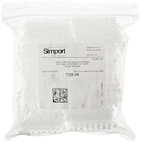Amplitube T320-2N Polypropylene PCR Reaction Tube Strip with Attached Flat Cap, 8 x 0.2ml, Natural (Pack of 125) - Poueer