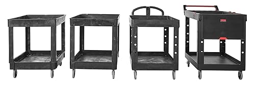 Rubbermaid Commercial Products 2-Shelf Service/Utility Cart with Wheels, 300-Pound Capacity, Black, Lipped Shelves with Handle, Use in School/Restaurant/Warehouse/Manufacturing - Poueer