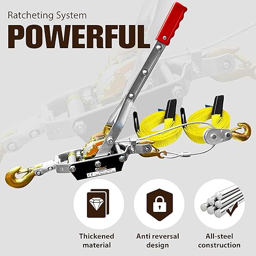 Come Along Winch Ratchet Tool 5 Ton Pulling Capacity 3 Hooks Steel Cable Dual Gear Power Puller with Two 1'x8FT Lifting Straps Hand Winch Cable Automotive Hoist Winch Puller Recovery Gear - Poueer