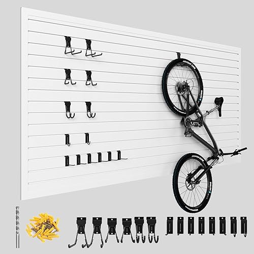 4'H x 4'W Slatwall Panel Garage Wall Organizer with Hooks, Heavy Duty Slat Wall Paneling Sheets, Interlocking PVC Panels, Garage Slatwall for Tool Organization Mounted Storage Systems - Poueer