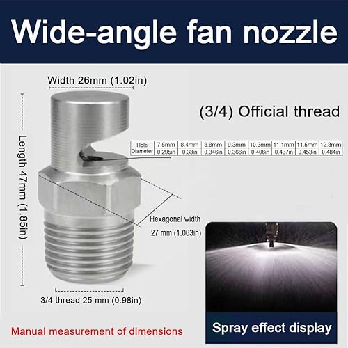304 stainless steel cleaning nozzle wide angle fan nozzle (1/8, 1/4, 3/8, 1/2, 3/4BSPT) high pressure k wall cleaning nozzle flood flat nozzle 1/2 wide angle fan nozzle (Hole diameter 7.5mm) 5pcs - Poueer