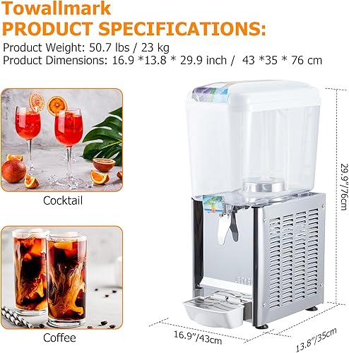 Commercial Beverage Dispenser, 1 Tank 18 L / 4.75 GAL Per Tank Juice Dispenser,180W Stainless Steel Ice Tea Drink Machine with 45°F-54°F Cooling Temperature, for Cold Drink Restaurant Bar Party - Poueer