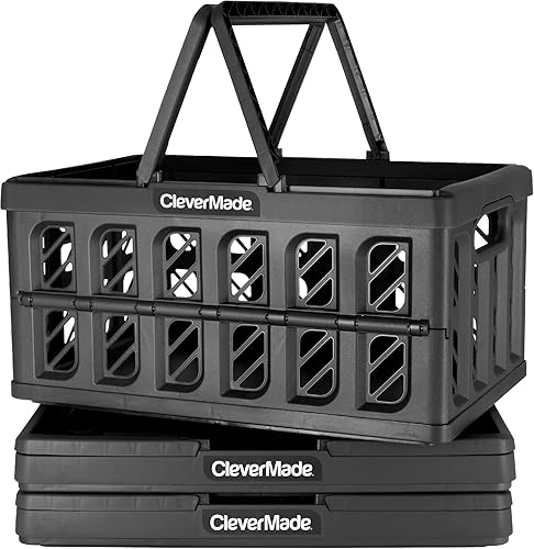 CleverMade Collapsible Shopping Basket, Ocean, 3PK - 24L (6 Gal) Reusable Plastic Grocery Shopping Baskets, Holds 25lbs Per Basket - Small Foldable Storage Crates with Handles - Poueer