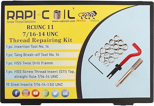 7/16-14 UNC Thread Repair Helicoil Kit, HSS M2 Tap & Drill, SS 304 Wire Inserts - Made in India - Poueer