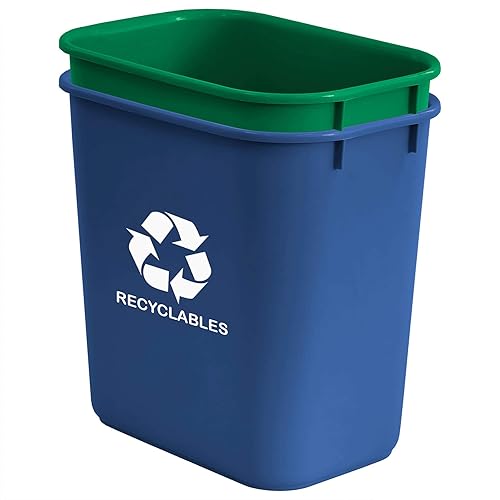 Acrimet Wastebasket Bin for Recycling and Waste, 6.75 Gallon/ 27 Quart/ 24 Liter (Plastic) (Green and Blue) (Set of 2) - Poueer