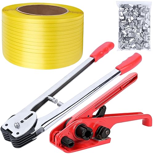 MYFAMIREA Heavy Duty Banding Strapping Kit with Tensioner Tool, 1/2' x 3500FT Polypropylene Plastic Packaging Strapping, 300 Metal Seals, Sealer Tool for Pallets, Logistics, Warehouse (Red) - Poueer