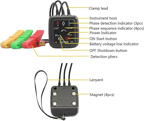 Phase Sequence Detector, Non-Contact ETCR1000D 70-1000V Digital Non-Contact 3 Phase Sequence Tester, AC Phase Sequence and Motor Rotation Tester, Magnetic Base Phase Detector Meter - Poueer