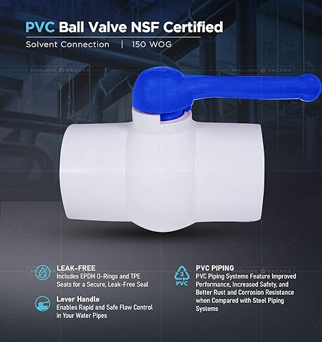 Midline Valve 487T400 PVC Ball Valve; Blue T-Handle for Potable Water; 4 in. Solvent Connections; White Plastic - Poueer