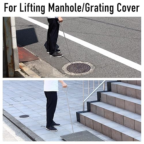 Manhole Lifting Hook 36 inch, Manhole Lifter Puller for Top Covers, Tank Lids, Heavy Duty Stainless Steel 10mm with Handle - Poueer