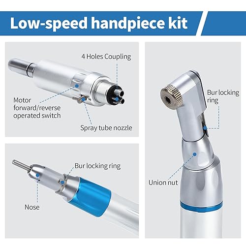 Low Speed Handpiece & Attachment Kit: Slow-Speed Dental Handpiece with Air-Turbine Motor, Contra Angle Attachment & Nose Cone, for Trimming, Polishing & Decay Removing - Poueer