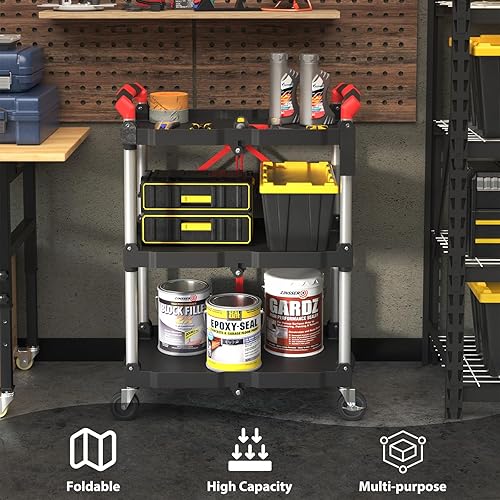 3 Tier Foldable Service Cart with Wheels, Rolling Collapsible Folding Utility Cart for Home, Office, Garage, and Warehouse (Red) - Poueer