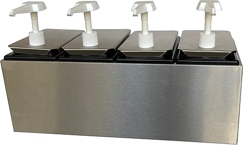 Carlisle FoodService Products Condiment Rail Condiment Center with 4 Standard Pumps for Gas Stations, Restaurants, and Fast Food Stainless Steel, 19.25 X 7.75 X 12.5 Inches, Silver - Poueer