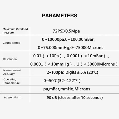 Digital Vacuum Gauge, 0-75000 Microns Gauge Range, ±5% Measurement Accuracy, 4 Vacuum Units Buzzer Alarm Digital Display 7/16”-20UNF Connector Three-Way Connection Extended Rod - Poueer