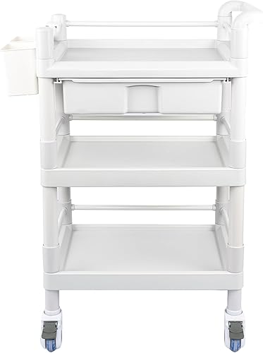 Medical Mobile Trolley Cart 3 Tier 500 Lbs Spacious Beauty Salon Rolling Trolley with Dirt Buckets Drawers 360°Rotate Wheels Heavy Duty Medical Utility Cart for Hospital Dental Clinic - Poueer