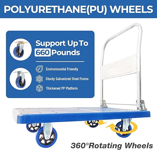 1320LBS Push Cart Dolly,Foldable Platform Truck Dolly with 360° Swivel Wheels, Space-Saving Design, Heavy Duty Hand Flatbed Cart Moving Cart for Loading,Groceries, Garage, Warehouse - Poueer