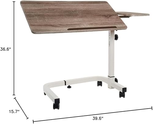 VMS Tilt Top Overbed Table - Adjustable Height Bedside Table for Homecare, Hospitals, and Medical Facilities (Wood Grain) - Poueer