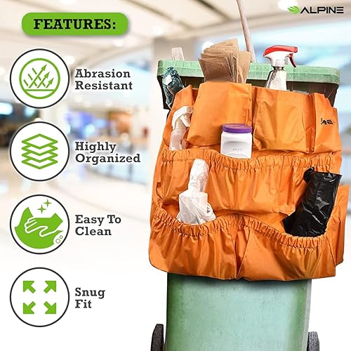 Alpine Trash Can Caddy Bag - 12 Pockets Commercial Cleaning Caddy Bag for Brute & all Industrial Trash Cans & Garbage Bins - Heavy Duty Washing Machine Friendly Yellow Trash Can Caddy Bag with Straps - Poueer