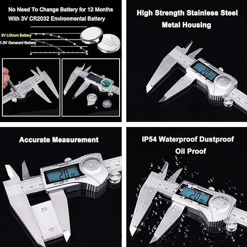 Kynup 0-12 Inch Digital Caliper, Caliper Measuring Tool with Stainless Steel, IP54 Waterproof Protection Design, Easy Switch from Inch Metric Fraction, Large LCD Screen (200mm/300mm) - Poueer