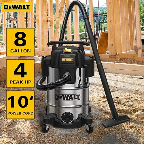 DEWALT DXV08S 8 Gallon Wet/Dry Vacuum, 4 Peak HP Shop Vacuum, Stainless Steel Tank, Silver - Poueer