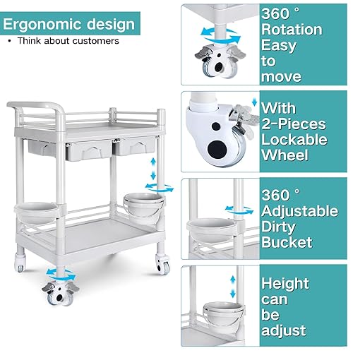 Mobile Medical Cart, 2 Tier Trolley 330 Lbs, with 2 Drawers Carts, Beauty Salon Rolling Trolley with Dirt Buckets, 360° Rotate Wheels, Heavy Duty Medical Utility Cart for Hospital Dental Clinic - Poueer