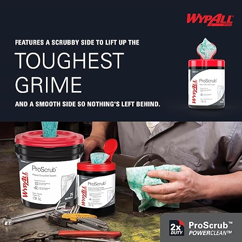 WypAll PowerClean ProScrub Heavy Duty Wet Towels (91371), Dual Action Cleaning, Large 9.5' x 12' Wipes, Bucket Included (6 Containers of 75 Sheets, 450 Sheet Total) - Poueer