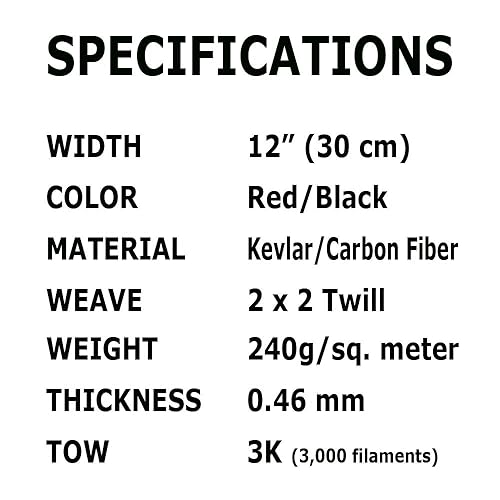 (1 ft -25 ft Rolls) KARBXON - 12 in - Carbon Fiber Aramid Fabric - RED - 3K - 240g/meter - Twill Weave - Advanced Cloth Fabric - Rolled 12” Wide Hemmed Fabric for Repair, Drones, RC & DIY Projects - Poueer