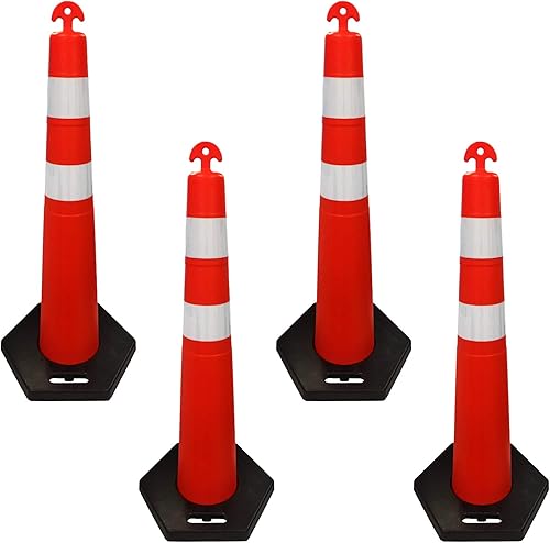 Electriduct 42' T-Top Traffic Channelizer Cones Stackable Safety Polyethylene Delineator Post with Base MUTCD - Pack of 6 - Poueer