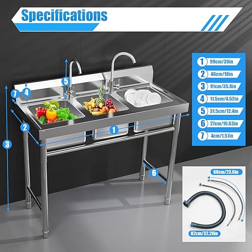 Commercial Utility Sink 3 Compartment Stainless Steel Sink Set Freestanding Restaurant Station with 2 Faucets Commercial Utility Basin for Bars, Kitchens (39 x 18 x 35.8In) - Poueer
